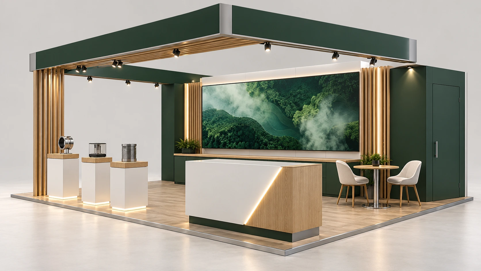 Unbuilt exhibit design concept with reception, product displays and meeting space