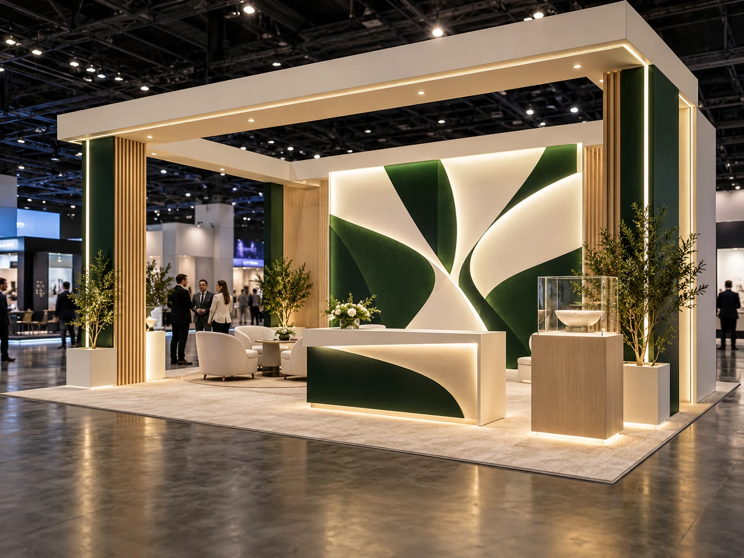 Trade show booth concept with illuminated graphic walls and a prominent architectural canopy