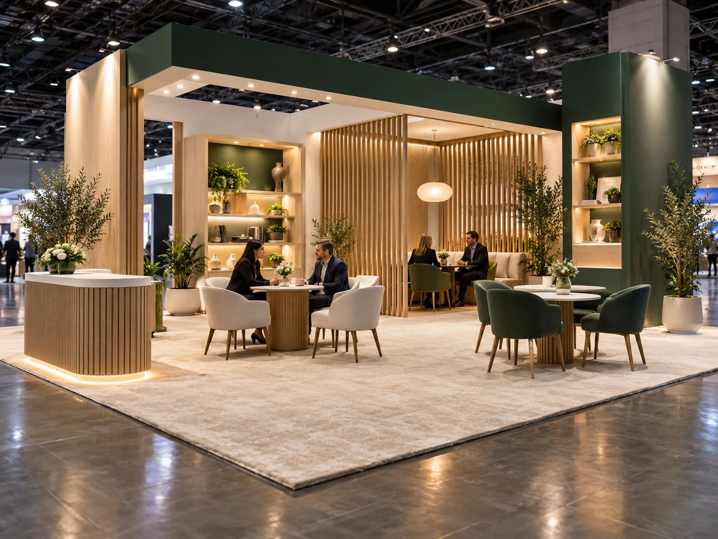 Trade show booth concept with meeting tables and a semi-private conversation area