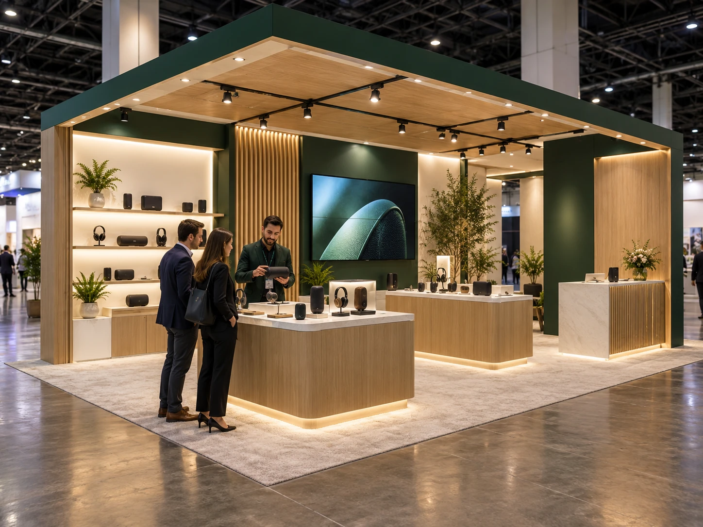 Trade show booth concept with product demonstration counters, display shelving, and visitors watching a demo