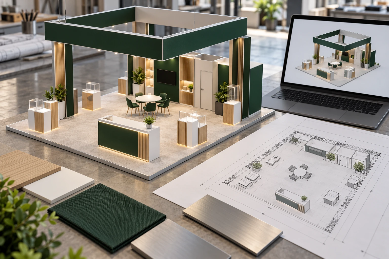 Concept illustration of a booth model, material samples, and design review